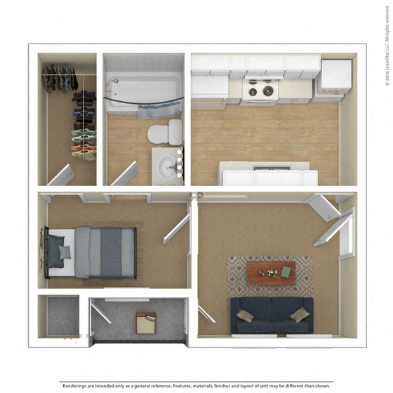 Floor plan for 1 bed, 1 bath, 525 sqft